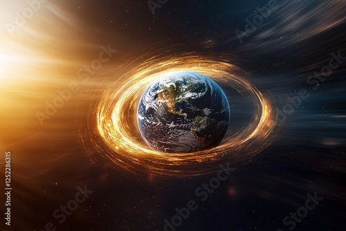 Earth surrounded by glowing energy ring in space, symbolizing cosmic power and planetary motion photo