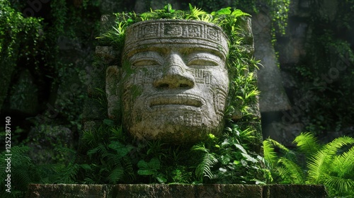 Ancient stone face covered in lush vegetation. photo