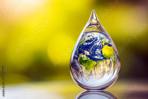 Earth encapsulated in a water droplet symbolizing environmental protection, water conservation, and sustainability photo