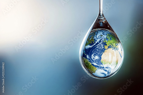 Earth encapsulated in a water droplet symbolizing environmental protection, water conservation, and sustainability photo