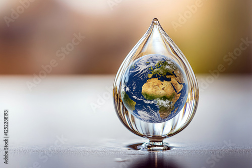 Earth encapsulated in a water droplet symbolizing environmental protection, water conservation, and sustainability photo