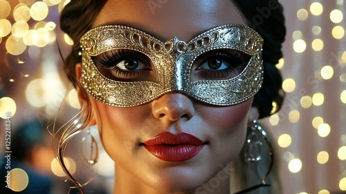 A beautiful woman wearing an elegant silver mask at the glamorous masquerade party, surrounded by sparkling lights and people in formal attire. 