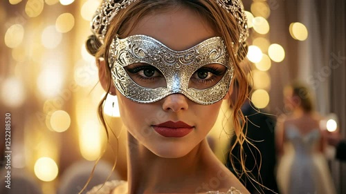 A beautiful woman wearing an elegant silver mask at the glamorous masquerade party, surrounded by sparkling lights and people in formal attire. 
