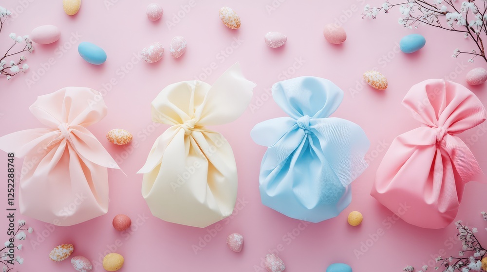 A top-down view of Easter party favor bags wrapped in soft pastel colors, featuring ribbons, tiny candy treats, and decorative elements. A top-down view of Easter party favor bags wrapped in soft pastel colors, featuring ribbons, tiny candy treats, and decorative elements.