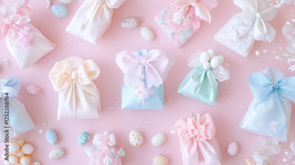 A top-down view of Easter party favor bags wrapped in soft pastel colors, featuring ribbons, tiny candy treats, and decorative elements. A top-down view of Easter party favor bags wrapped in soft pastel colors, featuring ribbons, tiny candy treats, and decorative elements.
