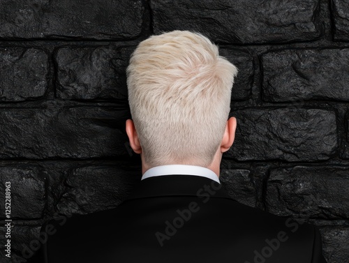 Man with bleached blond hair wearing a suit stands in front of a black brick wall.