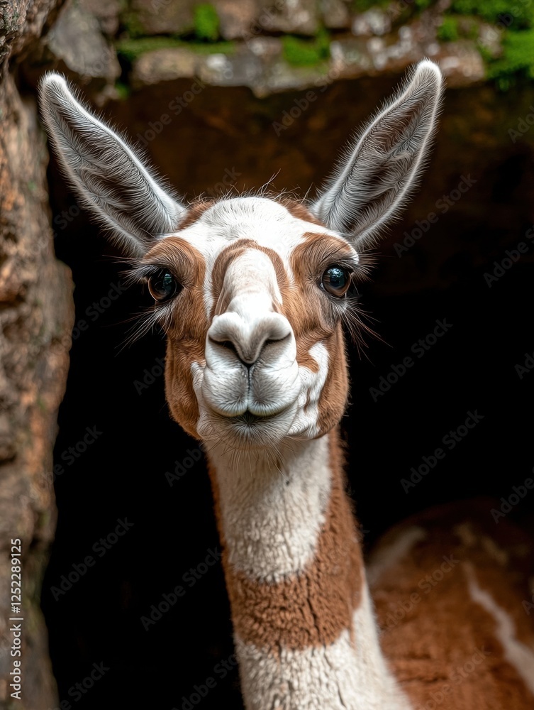 Obraz premium Close up portrait of a guanaco looking at the camera.