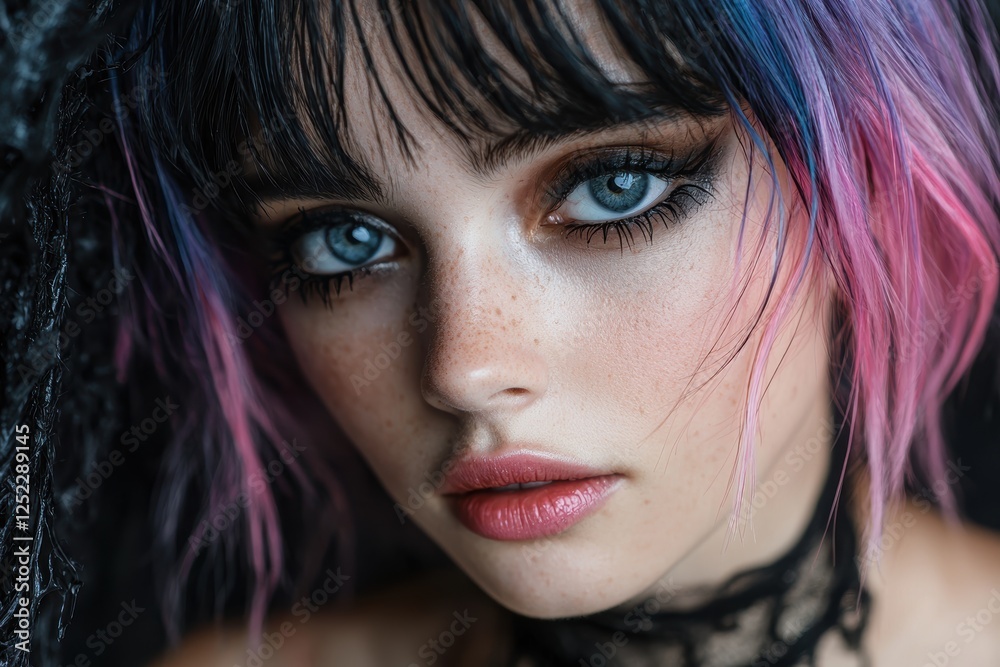Close-up portrait of a woman with blue eyes and colorful hair. Close-up portrait of a woman with blue eyes and colorful hair.