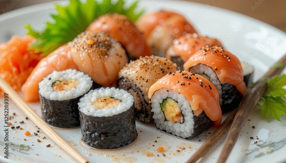 Sushi platter delight japanese restaurant food photography indoor setting close-up view culinary art Sushi platter delight japanese restaurant food photography indoor setting close-up view culinary art