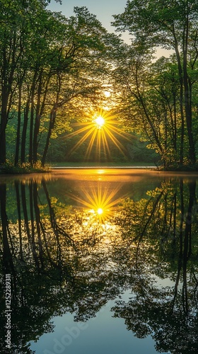 Sunrise reflecting on tranquil forest lake, serene nature scene, perfect for desktop photo