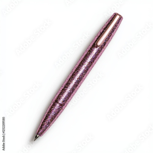 Elegant pink glitter pen on a white background.