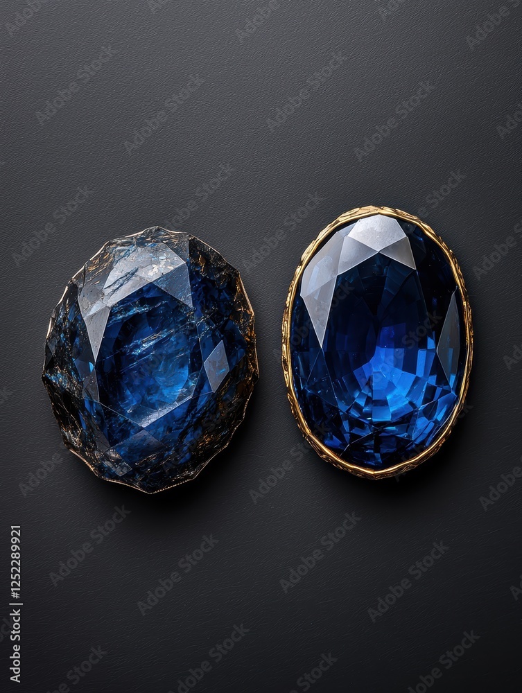 Fototapeta premium Two blue gemstones on a dark background.