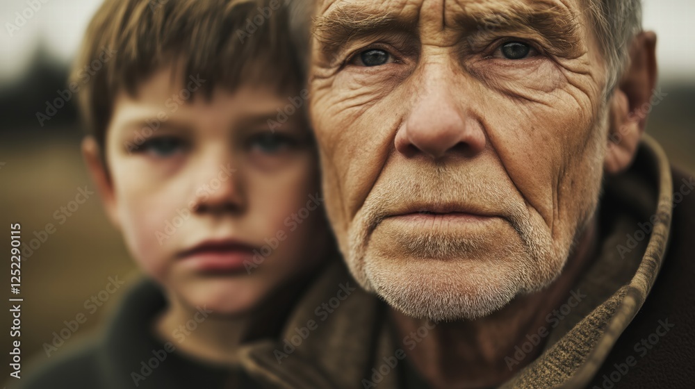Portrait of a grandfather and kid close up face Portrait of a grandfather and kid close up face