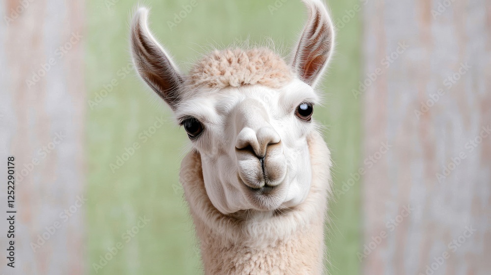 Obraz premium Curious alpaca portrait, farm background