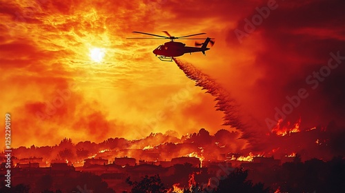 Helicopter fighting wildfire sunset, houses burning