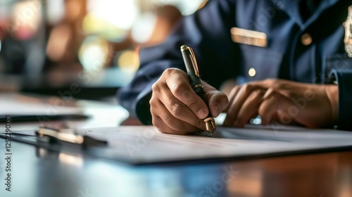 Police Report Being Filed by Victim of Hate Crime, Representing Legal Response to Discrimination and Social Injustice;Police Officer Signing Document,Official Documentation, Law Enforcement Concept