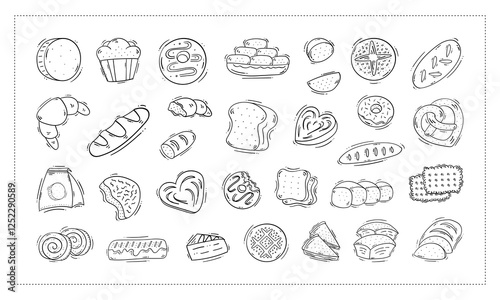 bread icon, hand drawn bakery icon, doodle bread or bakery icon set