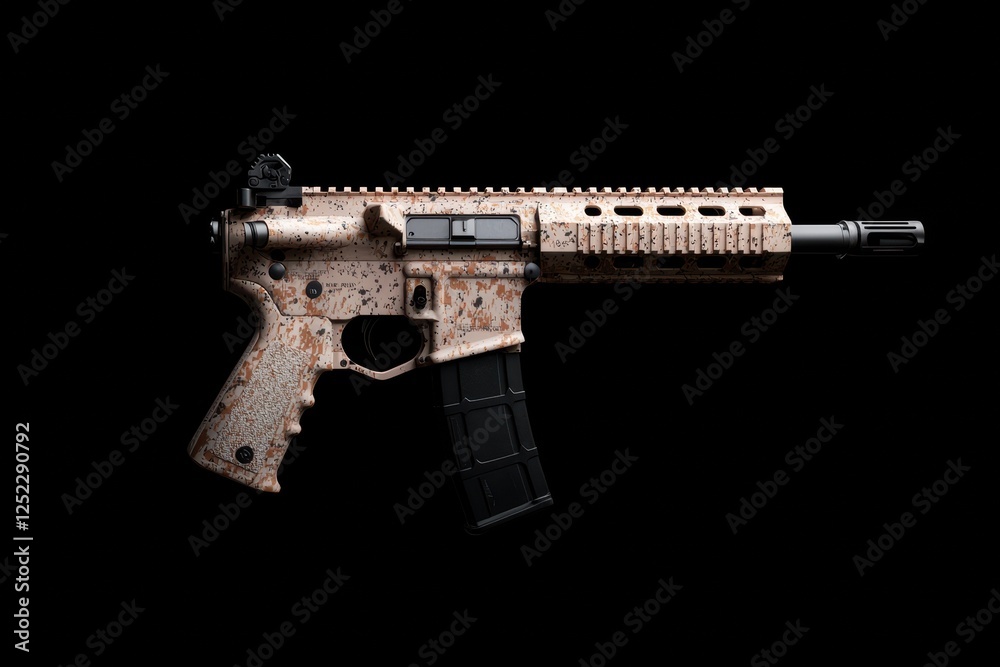 A modern desert camouflage assault rifle on a black background. A modern desert camouflage assault rifle on a black background.