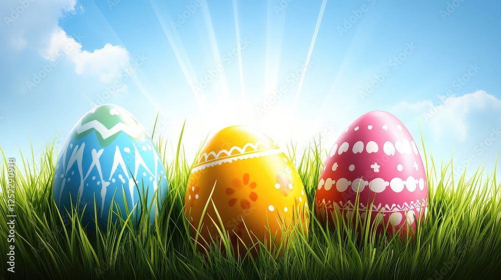 Colorful Easter eggs nestled in a bed of green grass with sunlight streaming through, symbolizing the joy of the Easter season. Colorful Easter eggs nestled in a bed of green grass with sunlight streaming through, symbolizing the joy of the Easter season.