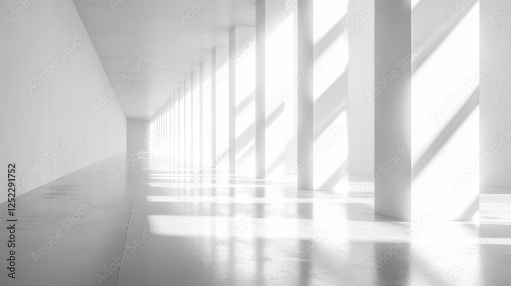 Bright Minimalist Interior with Shadows and Light Playing on White Columns and Floor in Modern Space Bright Minimalist Interior with Shadows and Light Playing on White Columns and Floor in Modern Space