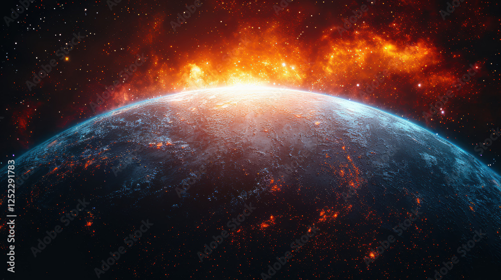 Obraz premium breathtaking view of planet with fiery clouds and starry background, showcasing beauty of cosmos