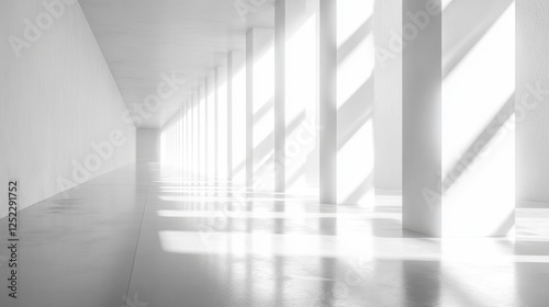 Bright Minimalist Interior with Shadows and Light Playing on White Columns and Floor in Modern Space