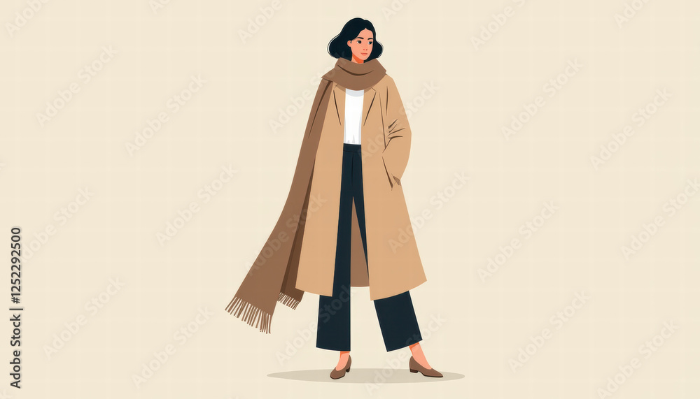 Elegant Woman in Beige Trench Coat with Flowing Scarf Minimalist Illustration Elegant Woman in Beige Trench Coat with Flowing Scarf Minimalist Illustration