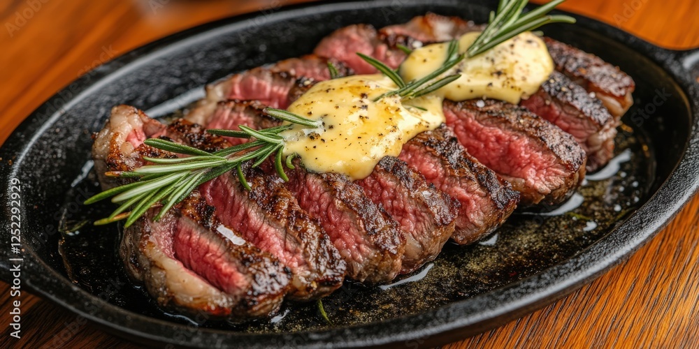 A sizzling steak on a cast-iron skillet, with rosemary sprigs and garlic butter melting on top, capturing the rich texture and juicy perfection A sizzling steak on a cast-iron skillet, with rosemary sprigs and garlic butter melting on top, capturing the rich texture and juicy perfection