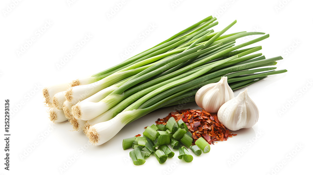 Fresh Green Onions, Garlic Cloves, and Chili Flakes on White Background Fresh Green Onions, Garlic Cloves, and Chili Flakes on White Background