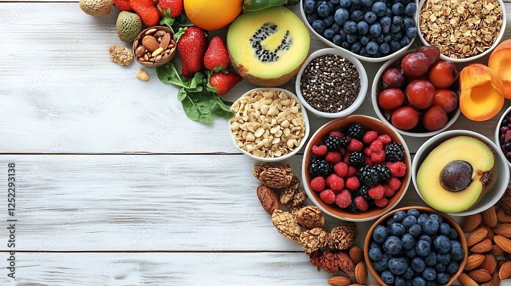 Vibrant Healthy Food Flatlay: A Colorful Array of Fruits, Berries, Nuts, and Seeds on Rustic White Wood Vibrant Healthy Food Flatlay: A Colorful Array of Fruits, Berries, Nuts, and Seeds on Rustic White Wood