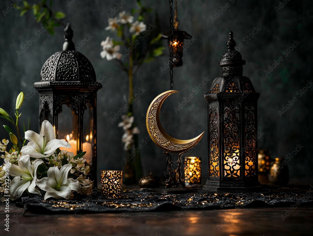 Fototapeta premium beautifully arranged Eid centerpiece displays golden crescent moon ornament surrounded glowing candles and fresh white lilies along decorative lanterns.