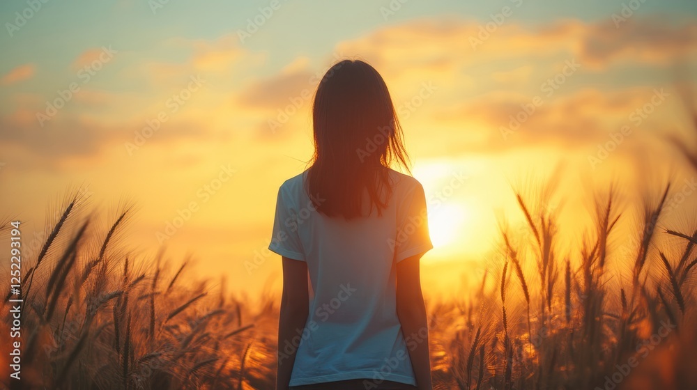 Woman silhouetted against a vibrant sunset in a field. Woman silhouetted against a vibrant sunset in a field.