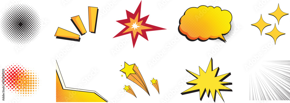 Set of comic effect shape with pop art style. speech bubbles halftone dot background. Comic surprise, explosion and inspiration effect. Vector illustration isolated on white background