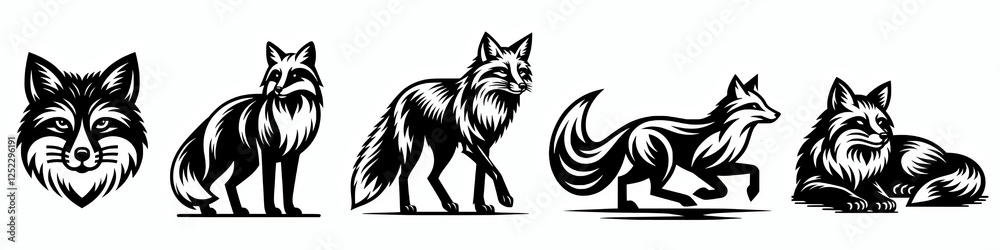 Fototapeta premium Collection set of fox silhouettes illustration. Different fox poses clip art element