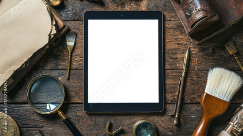 View of the archaeologist's desk, top view. Tablet mockup. A modern tablet sits on a wooden table, next to a brush, a pen, old notes and a magnifying glass. The concept of studying antiquities