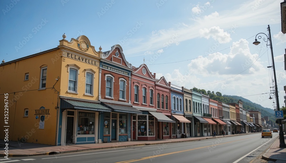 Fototapeta premium Charming historic town ellaville street view colorful architecture daytime community vibe