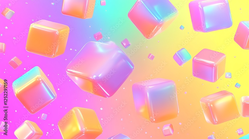 Iridescent Cubes Float On A Pastel Background Iridescent Cubes Float On A Pastel Background