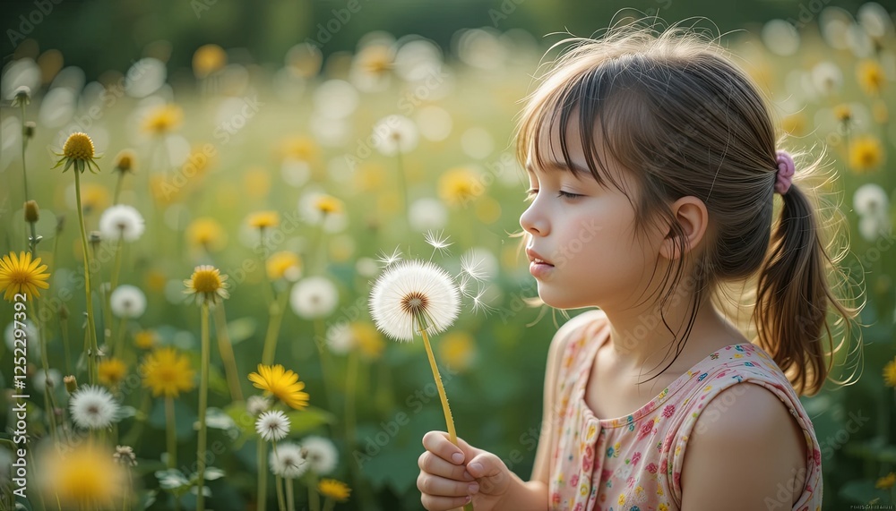 Child blowing dandelions in a sunny meadow nature photography outdoor scene close-up whimsy Child blowing dandelions in a sunny meadow nature photography outdoor scene close-up whimsy