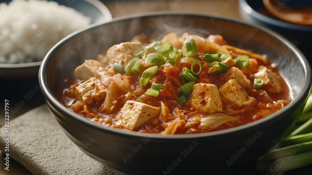 A steaming bowl of spicy Korean kimchi stew, served with tofu, green onions, and a side of white rice, comforting and flavorful A steaming bowl of spicy Korean kimchi stew, served with tofu, green onions, and a side of white rice, comforting and flavorful