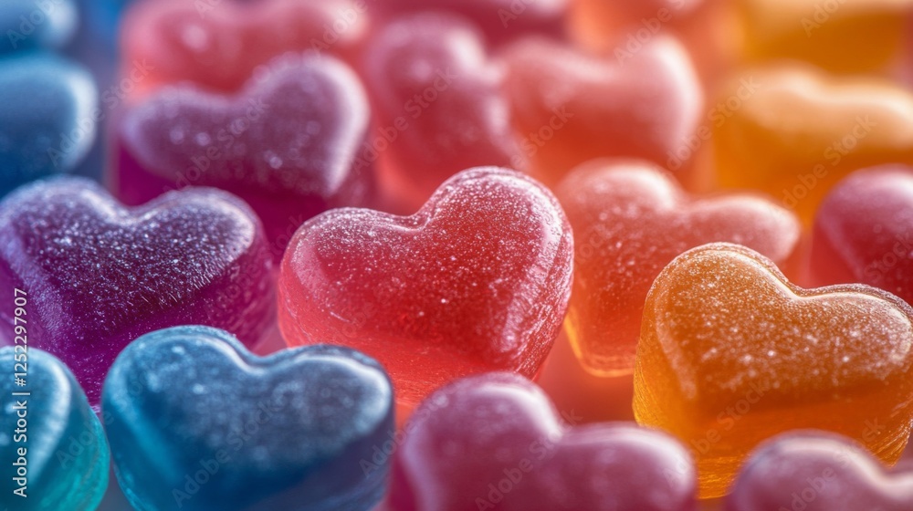 Heart Shaped Gummy Candies in Red Pink and Orange Colors Close Up Shot Sweet Treat and Sugar Concept