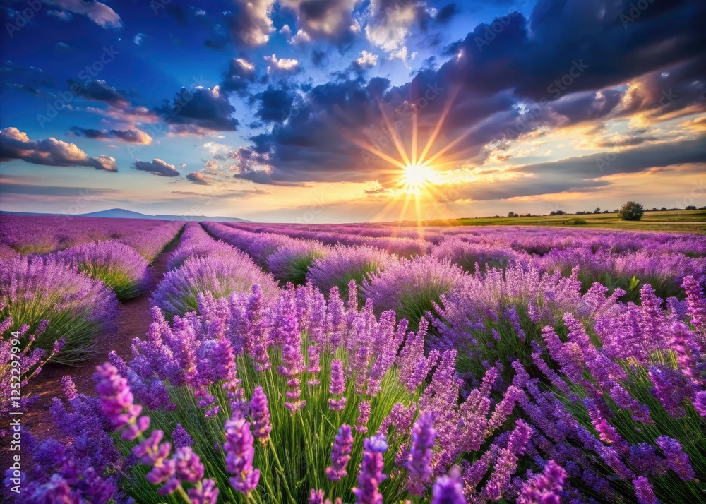 Fototapeta premium Stunning rural landscape photograph: a sunlit lavender field explodes with purple flowers.
