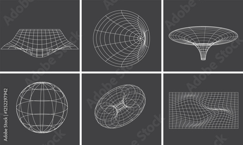 Collection of circle, spheres, grid wireframe distorted mesh.Retrofuturistic graphic