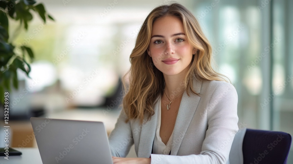 Professional Young Woman Working on Laptop in Modern Office Environment with Bright Natural Lighting Professional Young Woman Working on Laptop in Modern Office Environment with Bright Natural Lighting