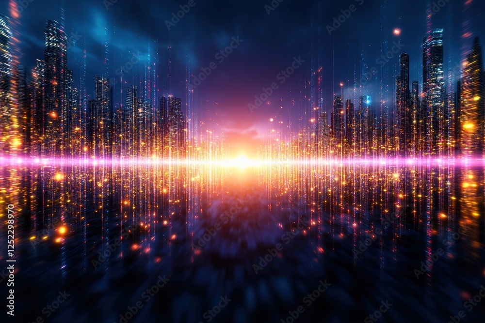 Naklejka premium Futuristic Horizon with Vibrant Lights and Urban Landscape Elements