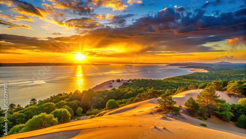 Stunning sunset paints Arcachon Bay, viewed from Dune du Pilat's majestic height.
