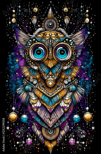 A colorful owl with a blue eye is the main subject of the image. The owl is surrounded by a variety of colorful beads and jewels, giving it a whimsical and playful appearance photo