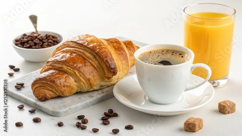 A delightful breakfast scene featuring a golden croissant, a steaming cup of coffee, and a refreshing glass of orange juice, accompanied by coffee beans and sugar cubes.