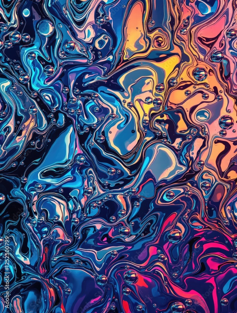 Abstract oil pattern with air bubbles in motion, discovery., reaction, gaseous Abstract oil pattern with air bubbles in motion, discovery., reaction, gaseous