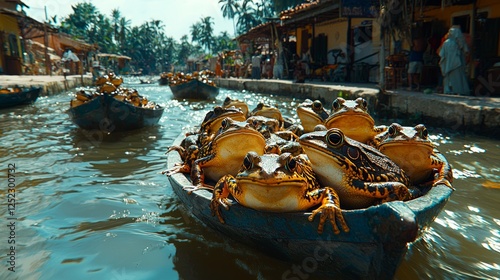 Countless frogs emerge from Nile leaping onto land and invading palace as terrified citizens try fend them off creating chaotic and surreal atmosphere.