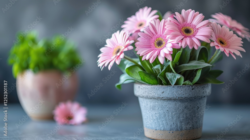 Beautiful pink flowers in pot with green leaves, creating cheerful atmosphere. Perfect for home decor or gifting Beautiful pink flowers in pot with green leaves, creating cheerful atmosphere. Perfect for home decor or gifting